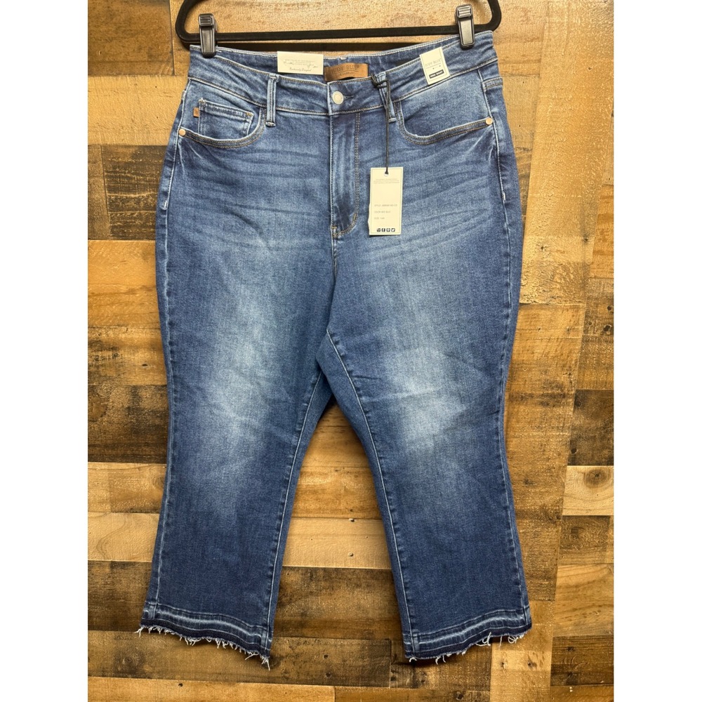 Judy Blue JB88981 High Waist Kick Flare Jeans Med Blue Raw Hem Womens 14W